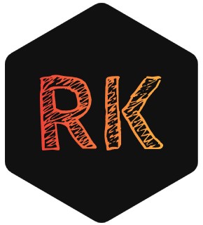 RK Logo - The letter' R and K in an orange - yellow color with a black hexagon background.